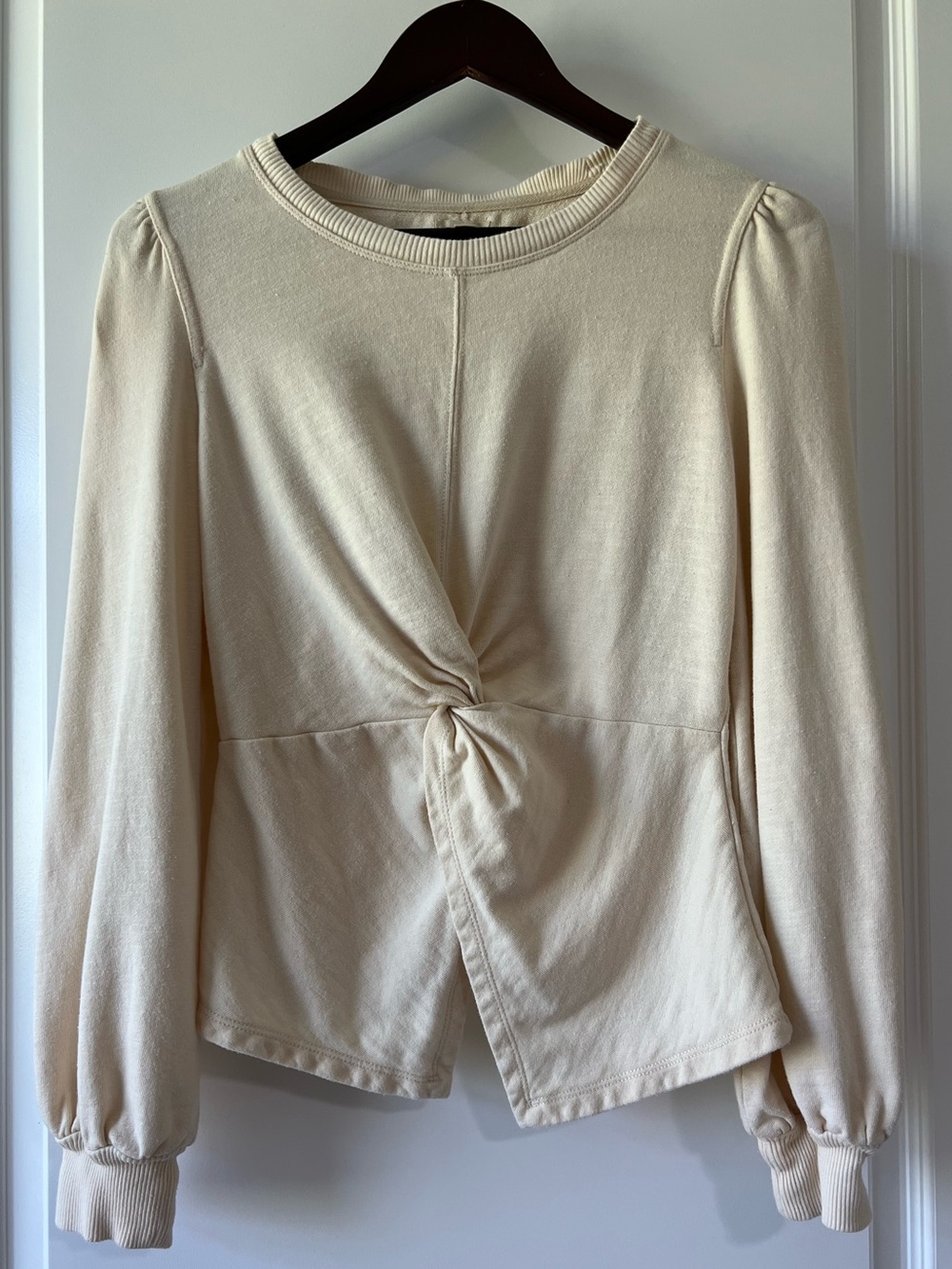 Anthropologie Pilcro Ivory Cream Sweatshirt Puff Sleeve Crop Peplum Top XXS Boho